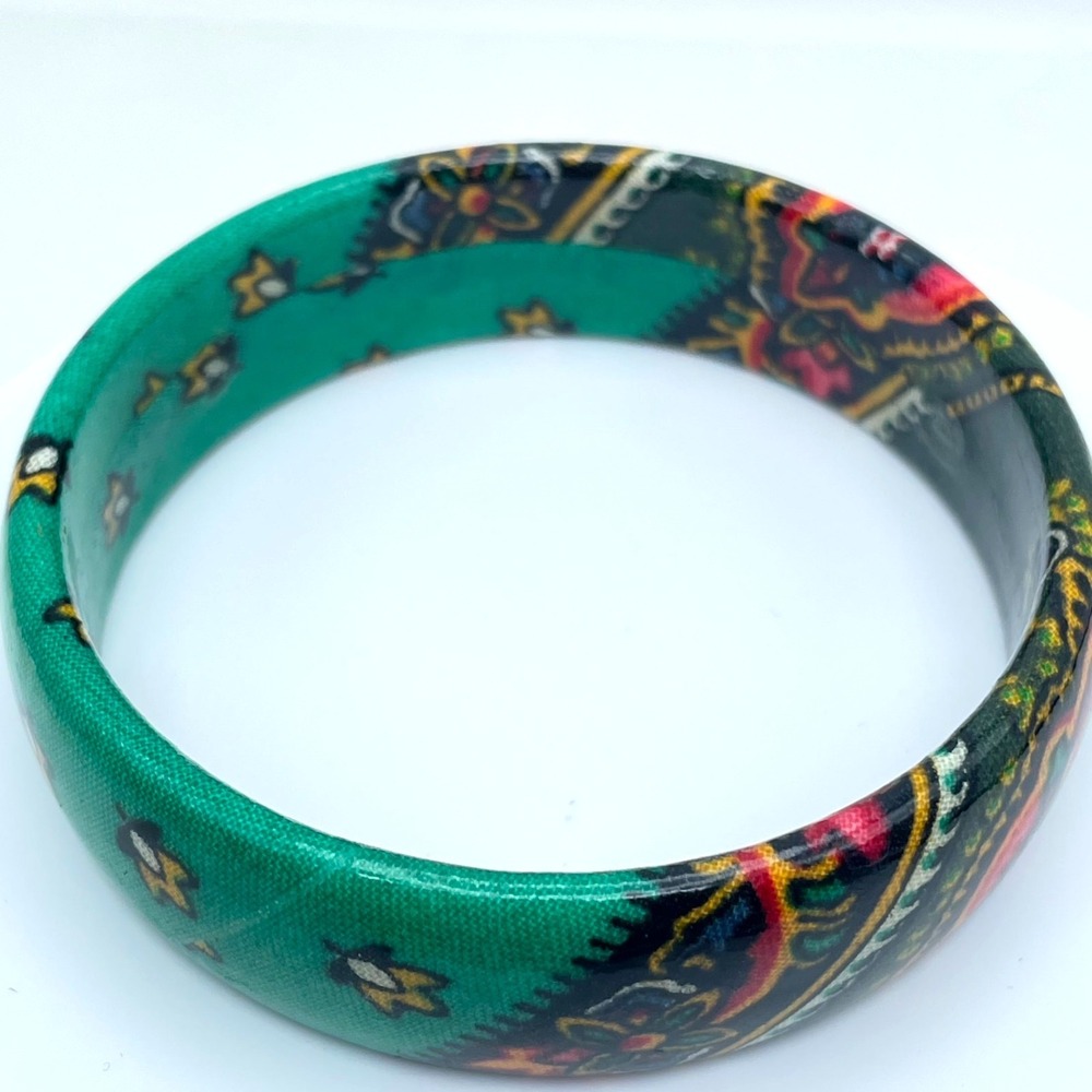 Vintage Valdrome Green Gold Indienne Floral Painted Enamel Bangle Bracelet